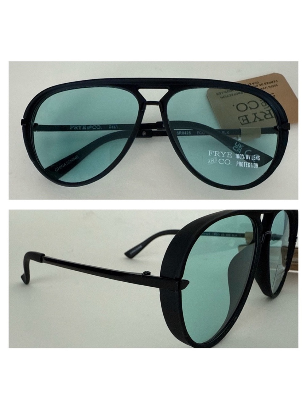 NEW Frye and Co. Matte Black Retro Aviator Navigator Blue Lense Sunglasses